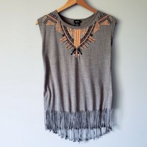 ☀️5/25 Aztec Print Gray Fringe Sleeveless Top BOHO